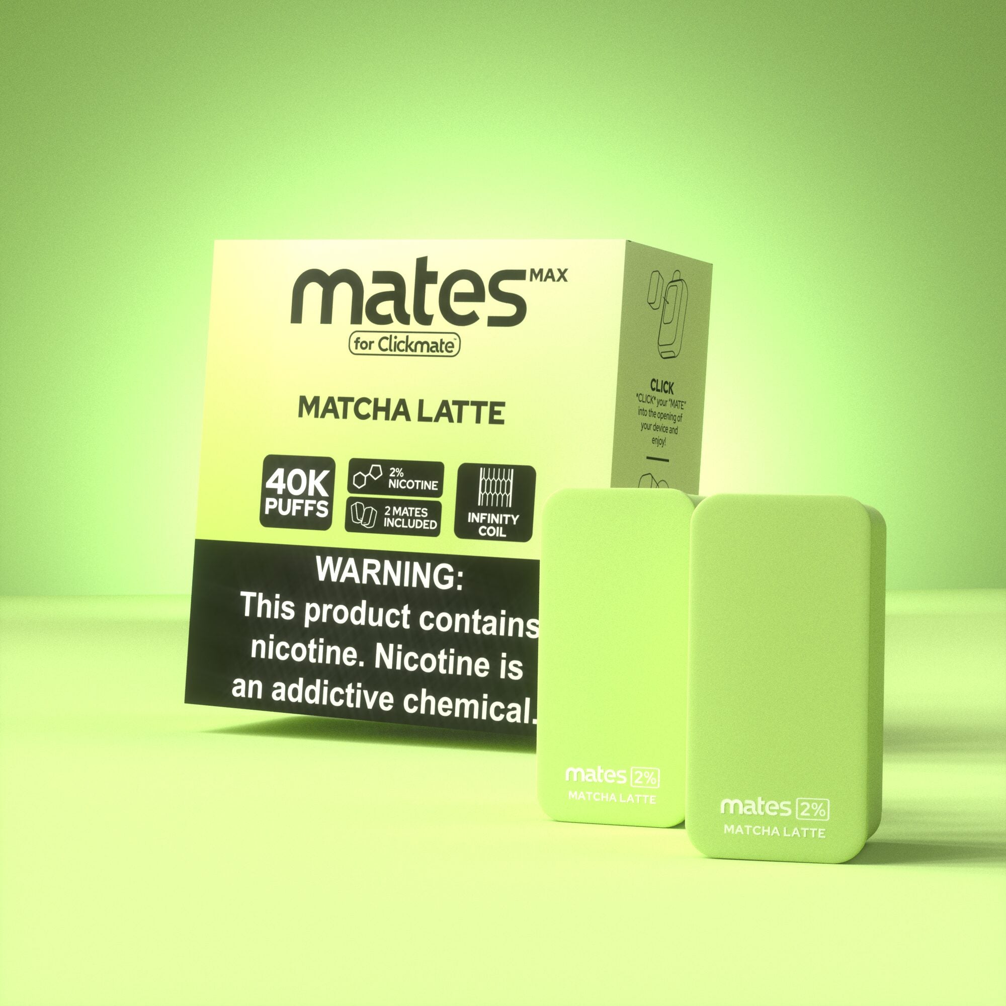 7Daze Clickmates 2% Prefilled Mates MAX (2-Pack) Matcha Latte with packaging
