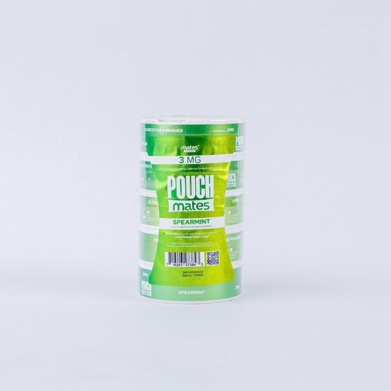 PouchMates (DSPLY 5pc)(Nic Pouch)(20ct Can) Spearmint with packaging