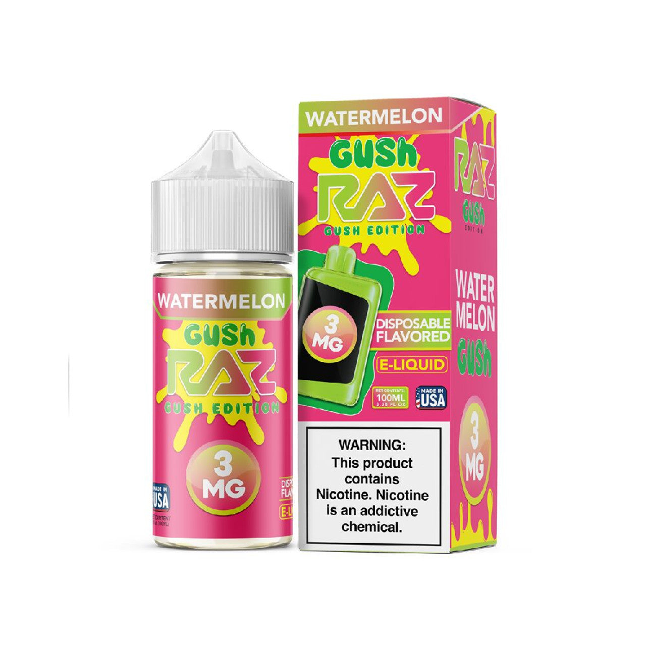 Watermelon Gush Pod Juice x RAZ 100mL Bottle with packaging