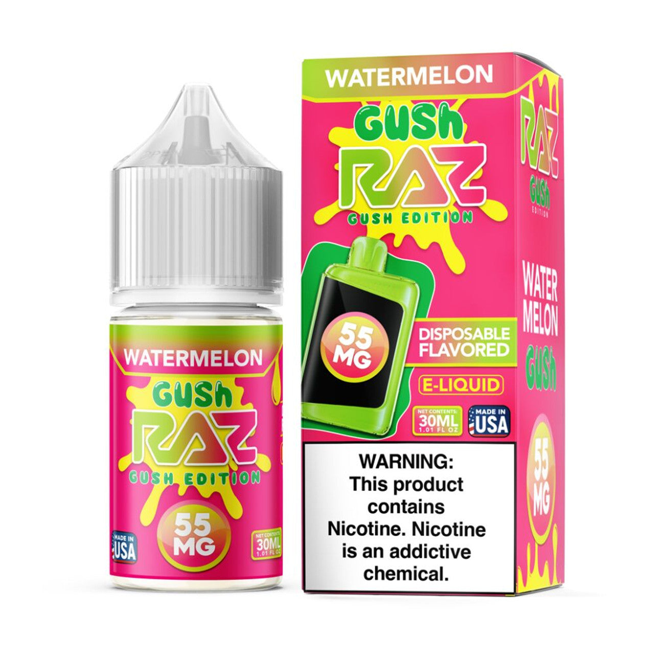 Watermelon Gush Pod Juice x RAZ Salts 30mL Bottle with packaging