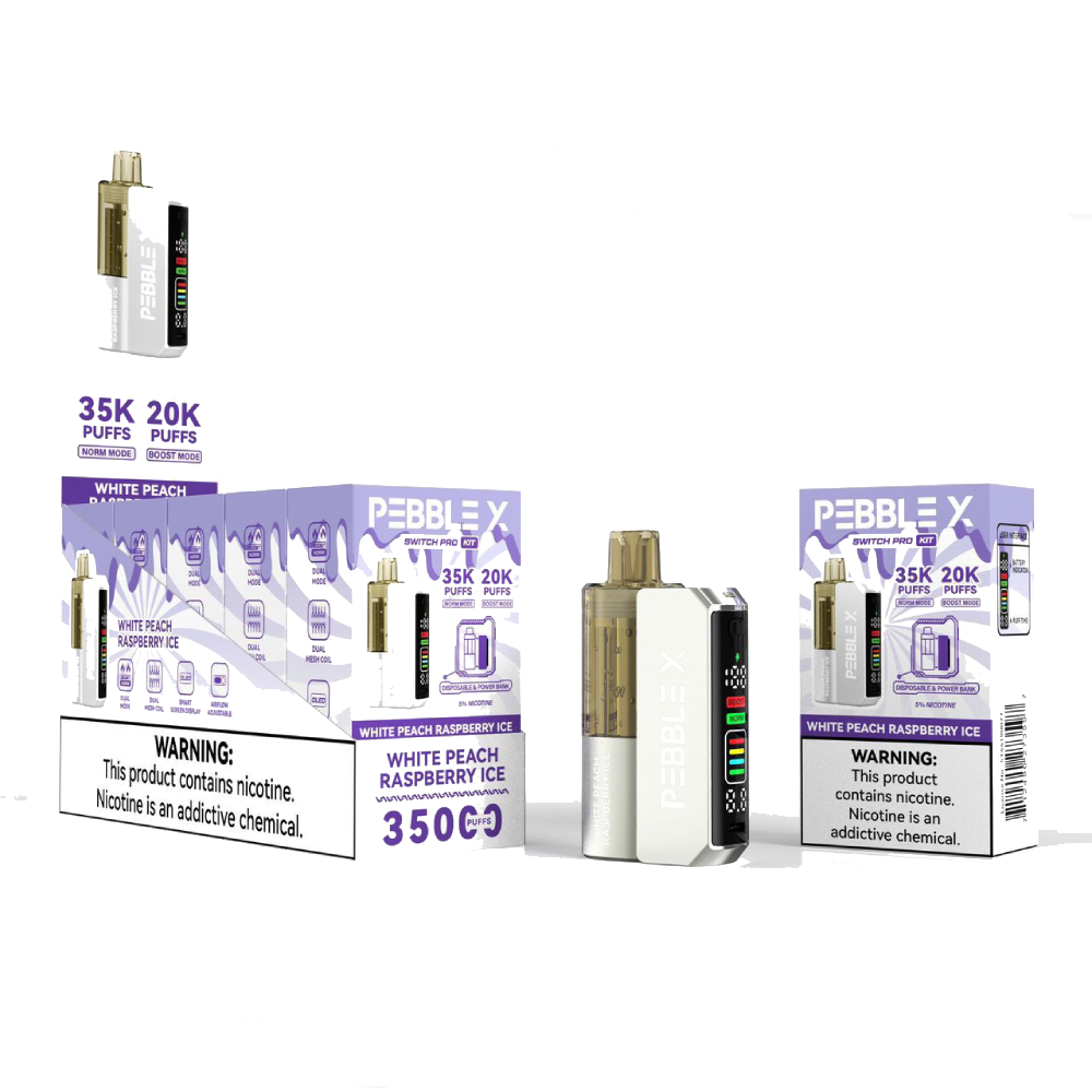 Pebble X 35K Disposable + Power Dock White Peach Raspberry Ice with packaging