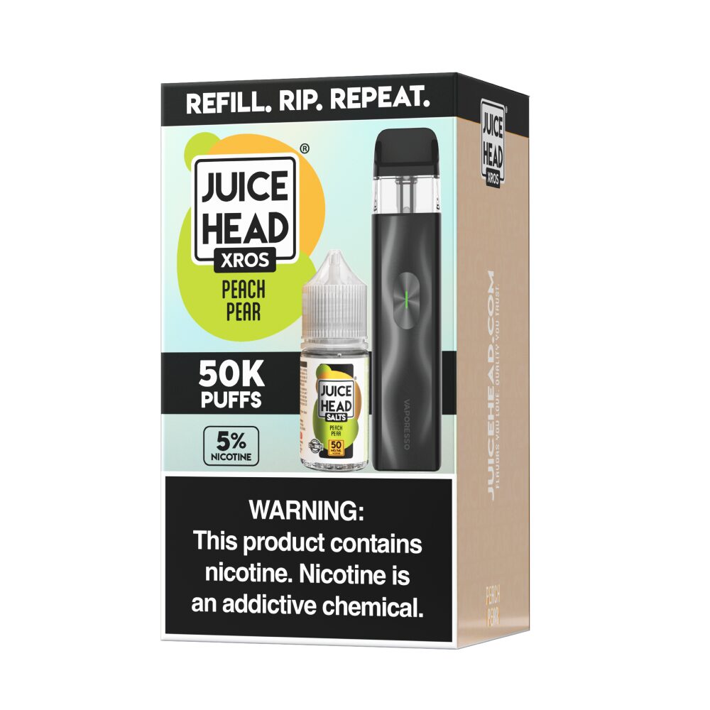 Vaporesso XROS 4 Mini Pod Kit + Juice Head 30mL (Collab Bundle) Peach Pear packaging