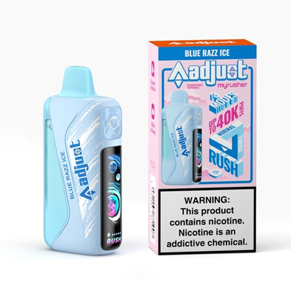 Adjust MyRusher 40K Puff Disposable blue razz ice with packaging