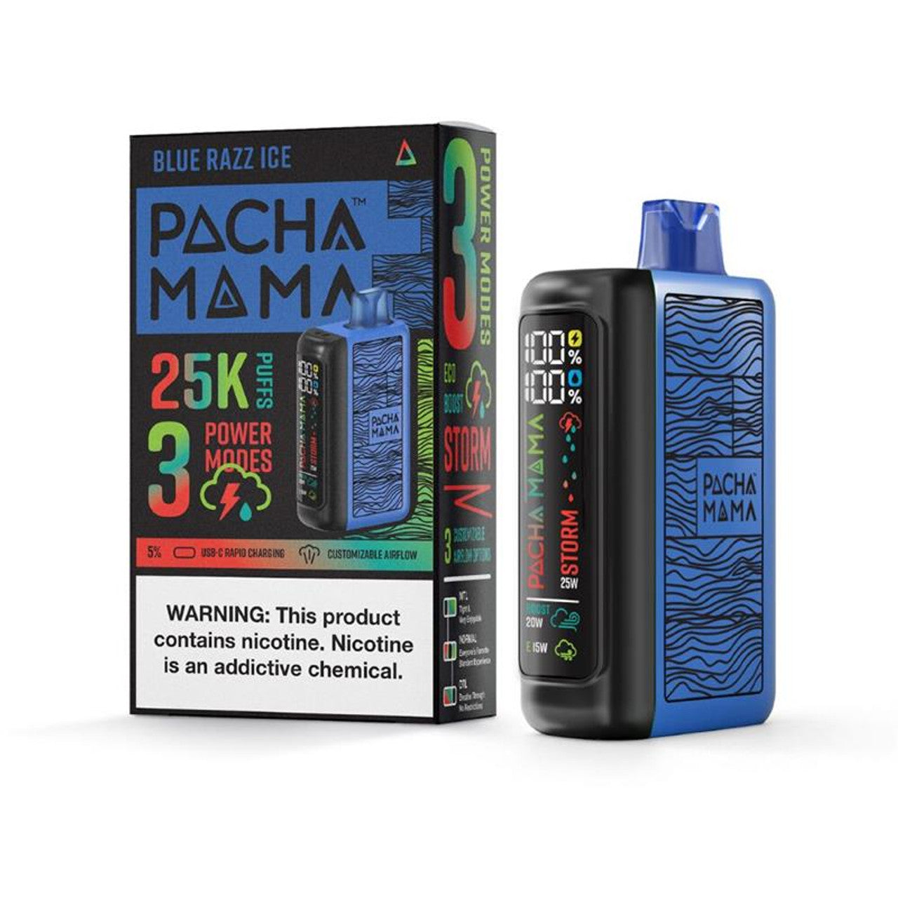 Pachamama 25k Disposable Blue Razz Ice with packaging