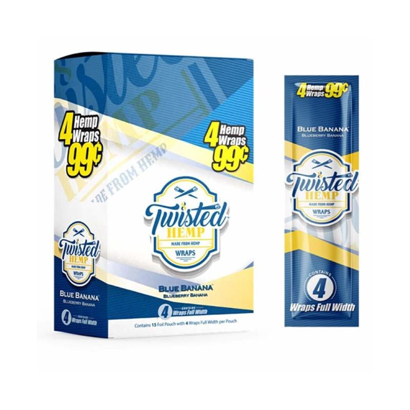 Twisted Hemp Wraps (15 Foil Pouch 4 Wraps) Blue Banana with packaging