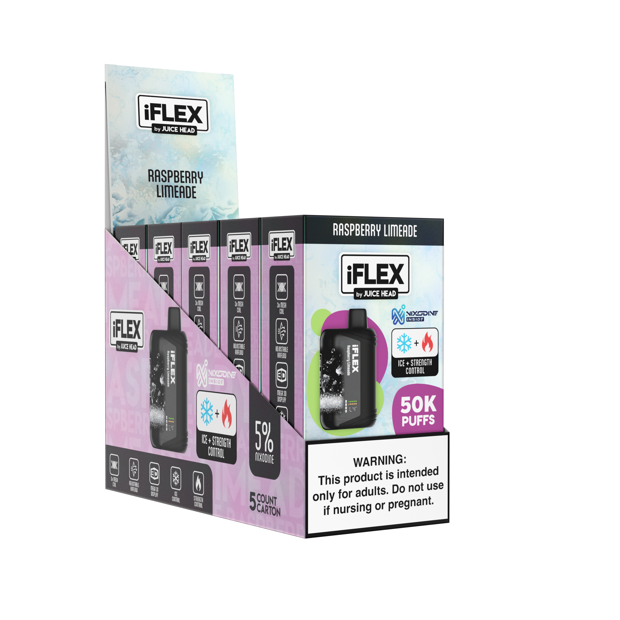 Juice Head iFlex Nixodine 50K Disposable Raspberry Limeadewith Packaging