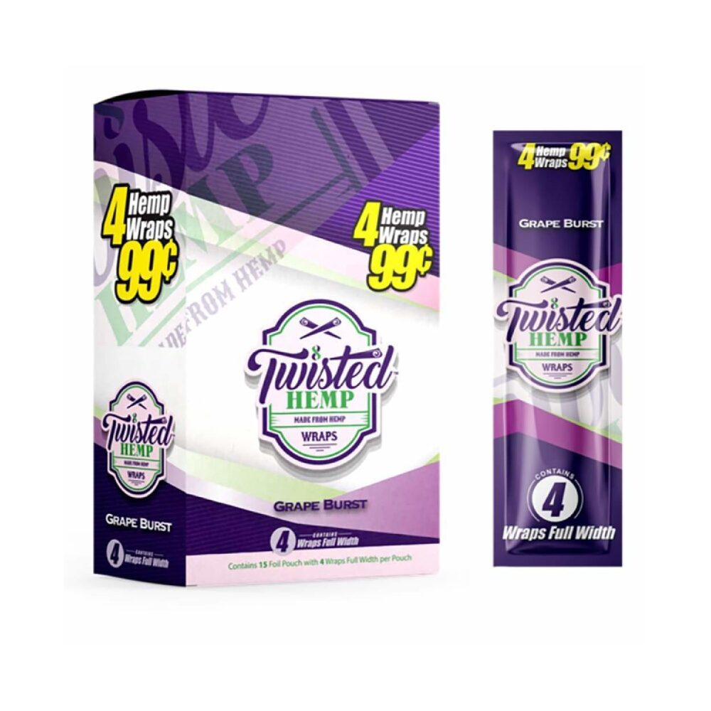 Twisted Hemp Wraps (15 Foil Pouch 4 Wraps) Grape Burst with packaging
