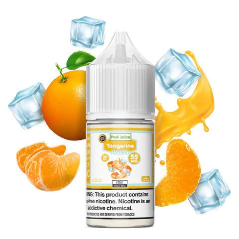 Tangerine Ice Salt by Pod Juice E-Liquid 30mL bottle with background