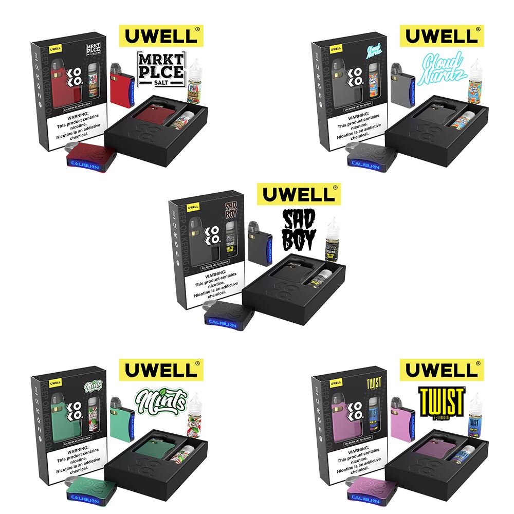 Uwell Caliburn AK3 Kit + A3S 0.8ohm Pods (x2) + Daddy's Vapor 10mL Salts 50mg Group Photo