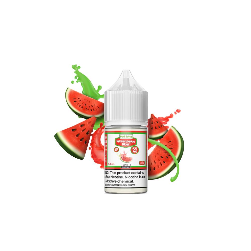 Watermelon Blast Salt by Pod Juice E-Liquid 30mL bottle with background