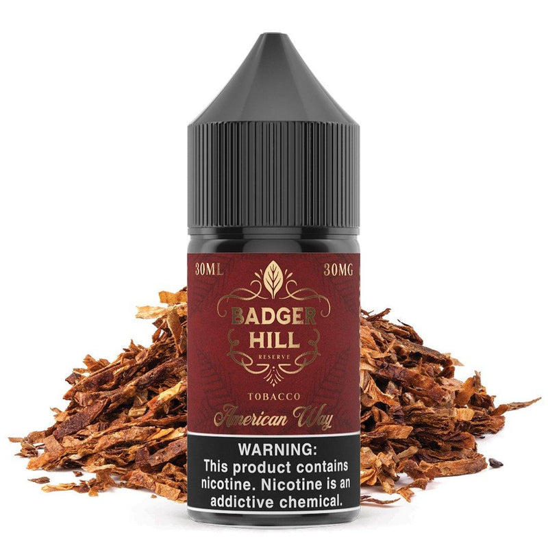 American Way by BADGER HILL RESERVE SALTS 30ml bottle with background