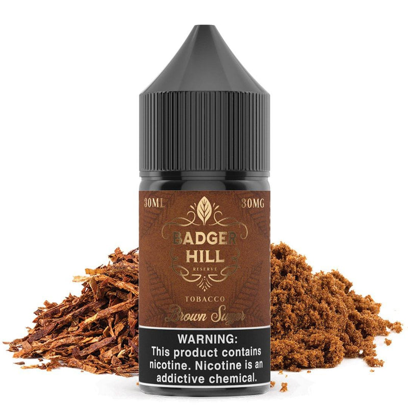 Brown Sugar by BADGER HILL RESERVE SALTS 30ml bottle with background