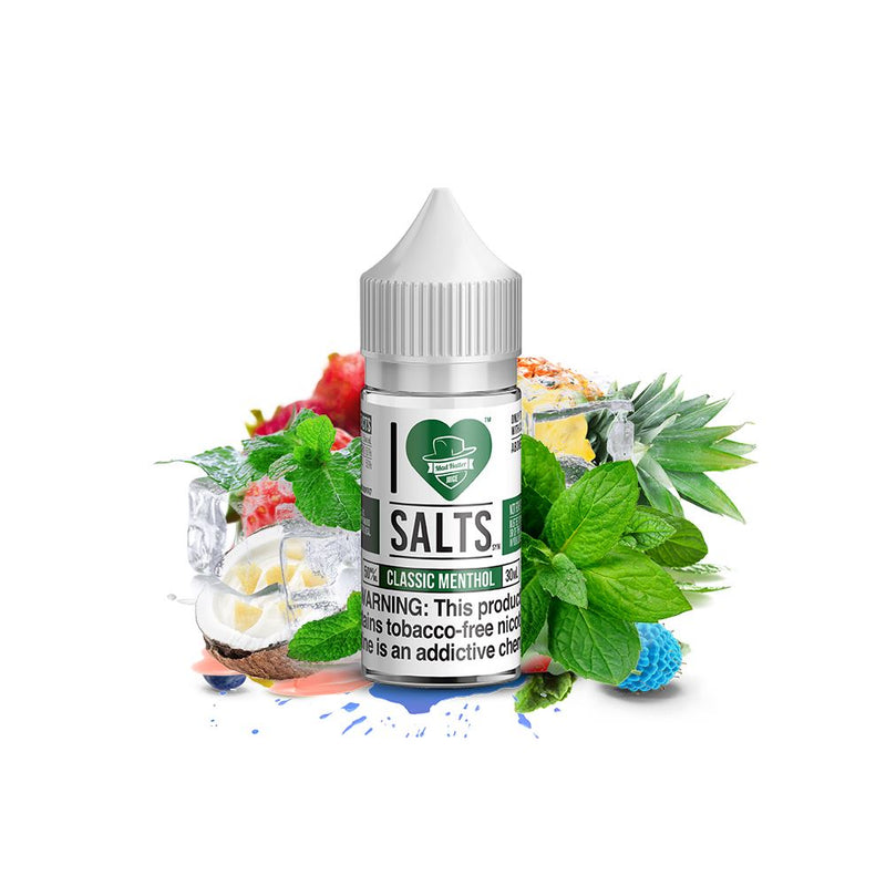 Classic Menthol Salt by Mad Hatter EJuice 30ml bottle with background