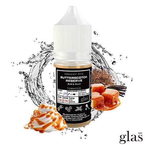 Butterscotch Reserve by Glas BSX Salts TFN 30ml bottle with background