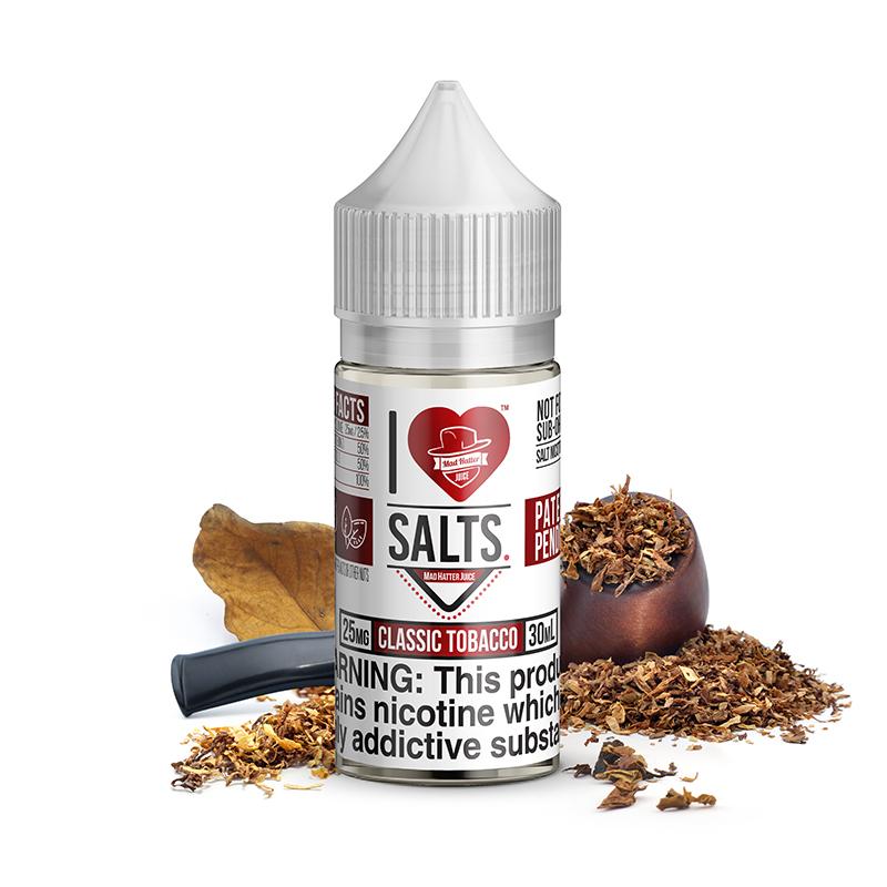 Classic Tobacco Salt by Mad Hatter EJuice 30ml bottle with background