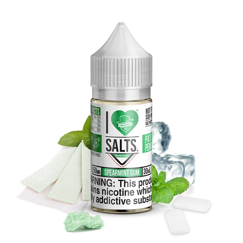 Spearmint Gum Salt by Mad Hatter EJuice 30ml bottle with background