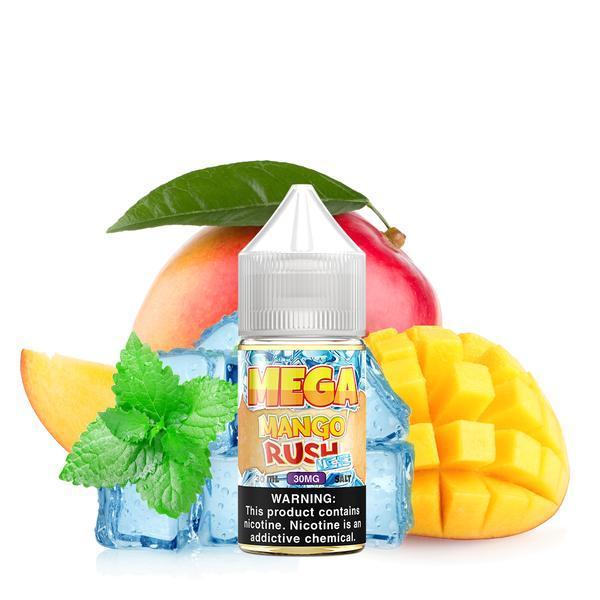 Mango Rush Ice by MEGA Salt 30ml bottle with background