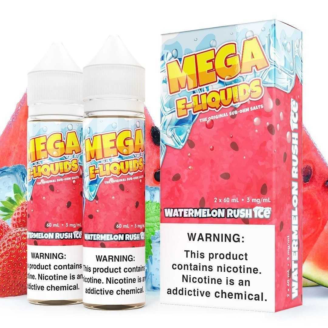 MEGA | Watermelon Rush Ice 60ML eLiquid with packaging and background