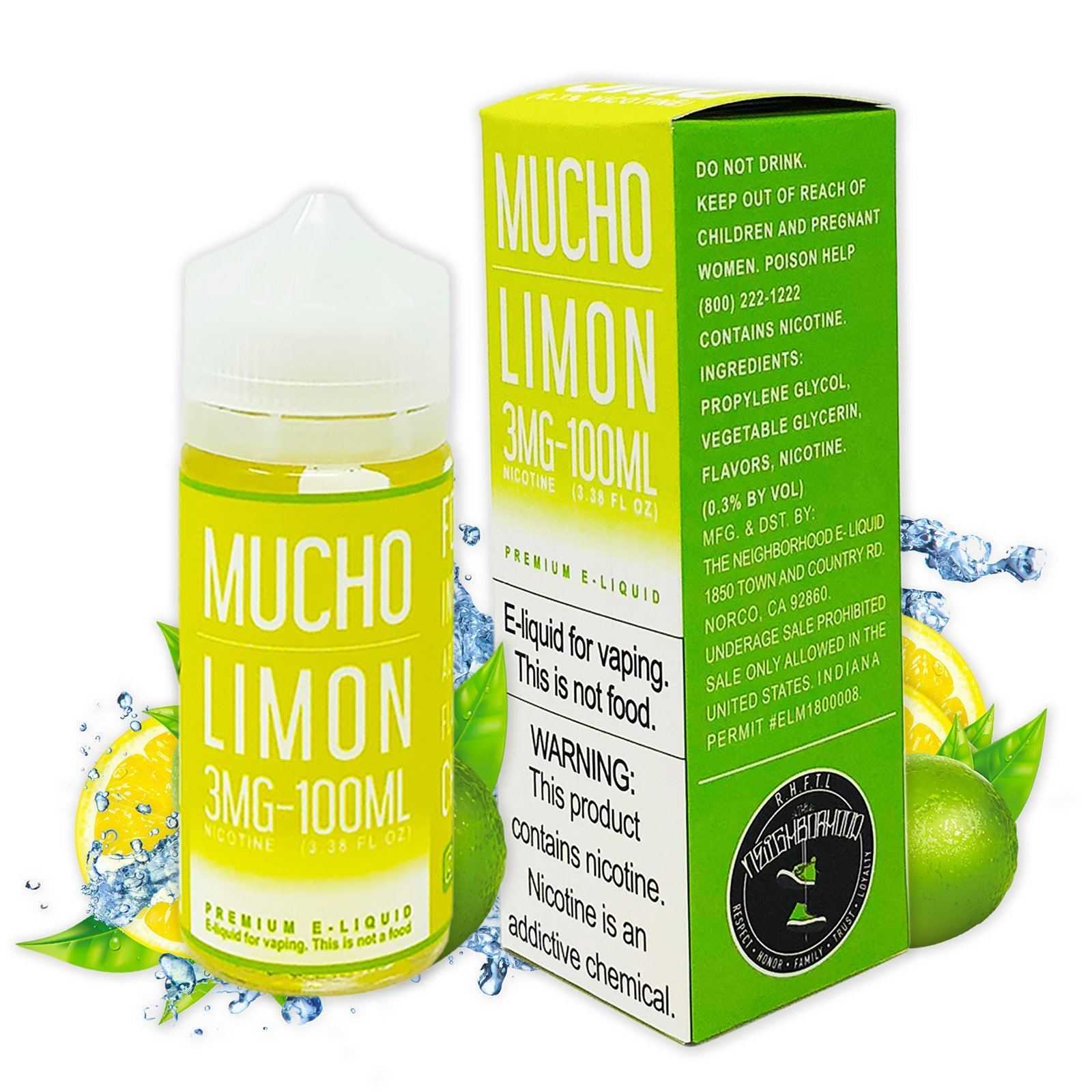 MUCHO | LIMON 100ML eLiquid with packaging and background