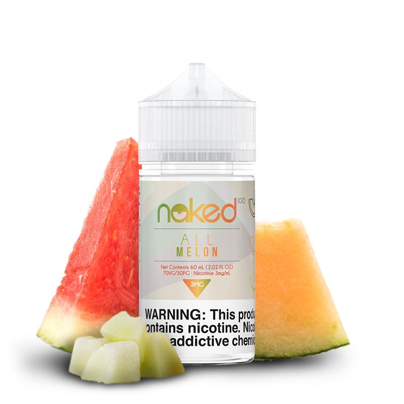Naked 60mL - All Melon 00mg bottle with background
