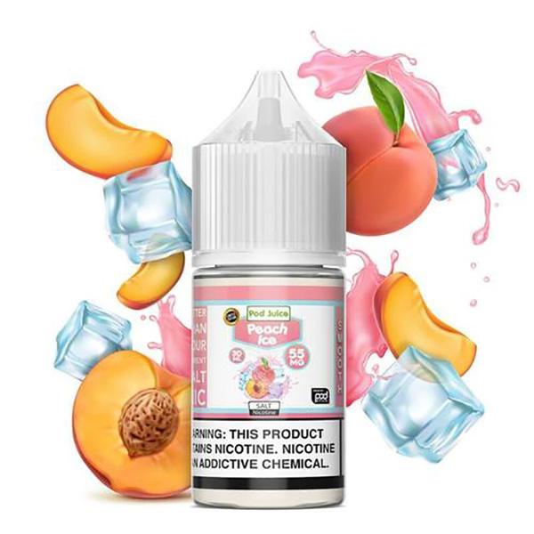 Peach Ice by Pod Juice Salt 30ml bottle with background