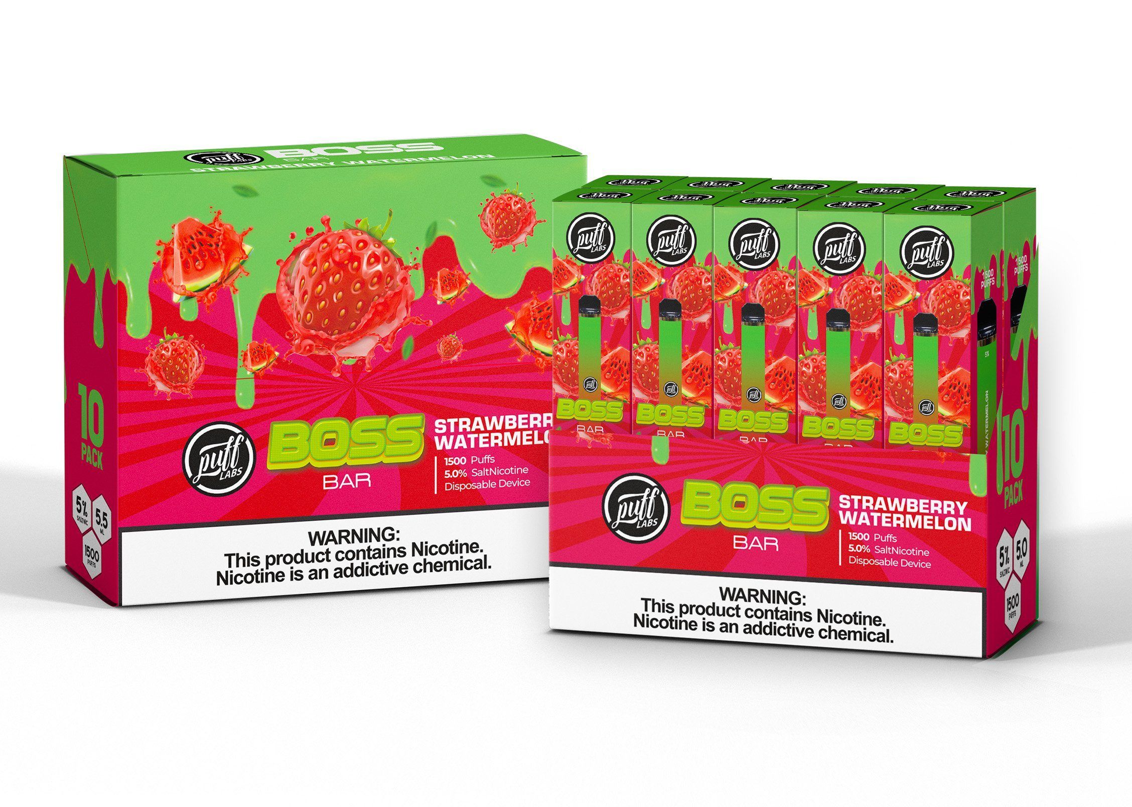 PUFF LABS | Puff Boss Bar Disposable 5% Nicotine (Individual) strawberry watermelon packaging