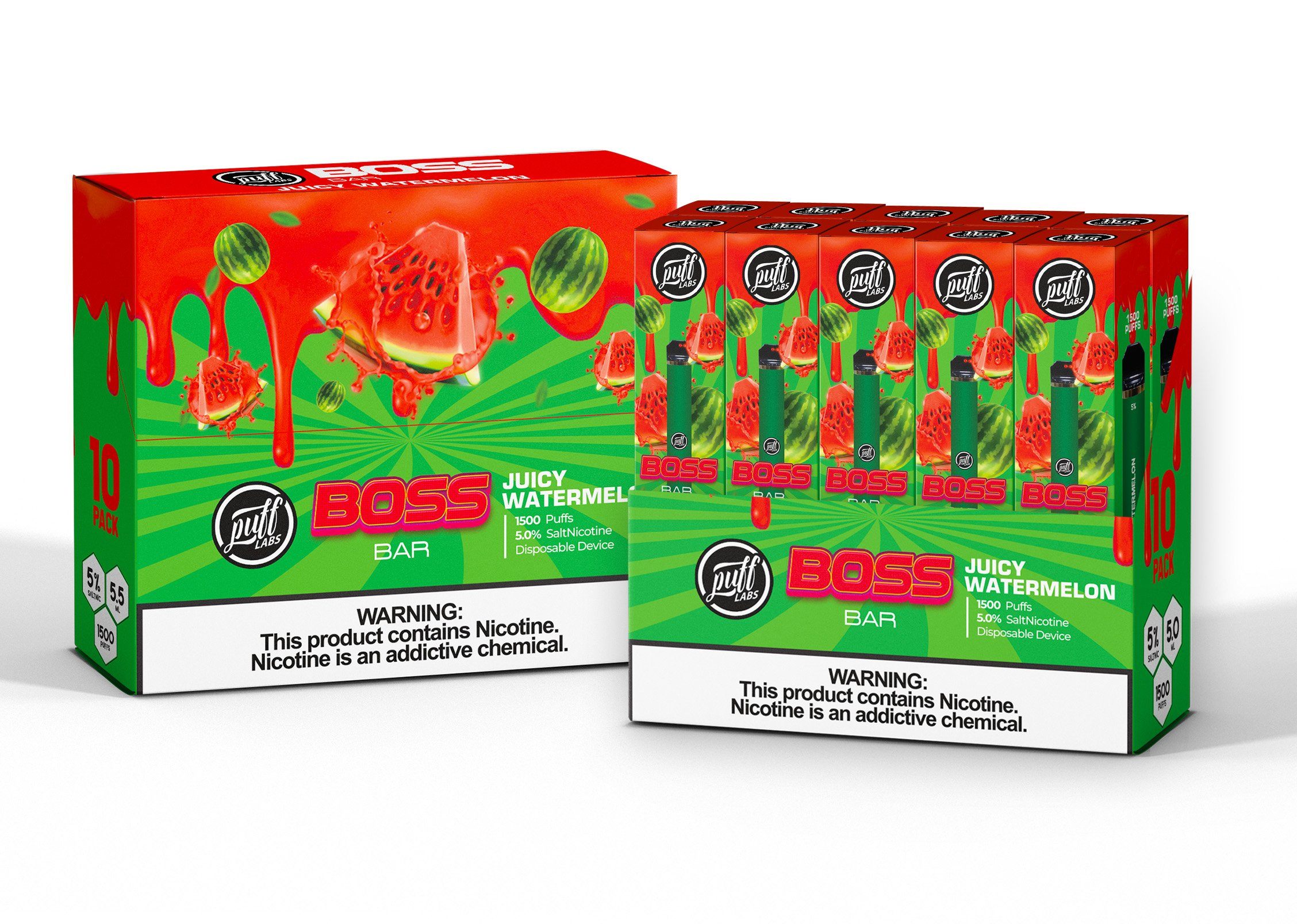 PUFF LABS | Puff Boss Bar Disposable 5% Nicotine (Individual) juicy watermelon packaging
