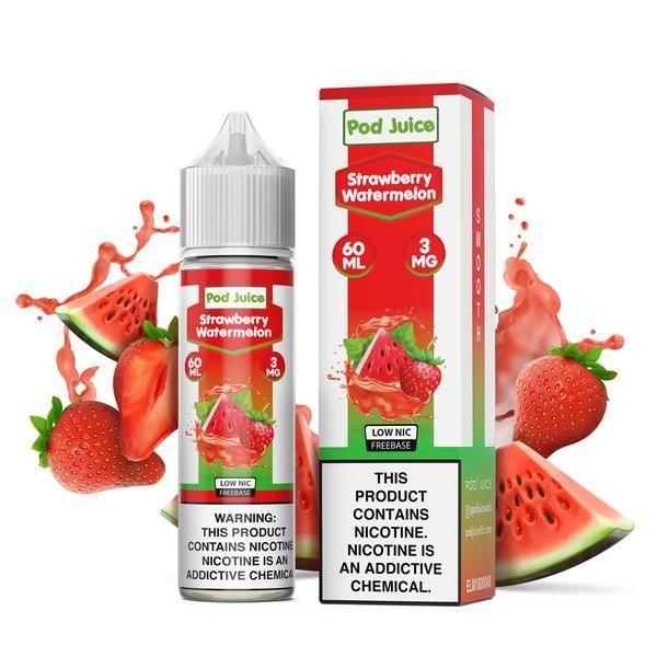 Strawberry Watermelon by POD JUICE 60ML with packaging and background