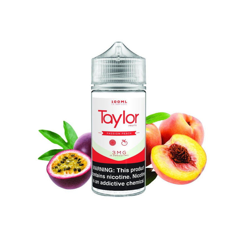 Passion Peach by Taylor Fruits 100ml bottle with background