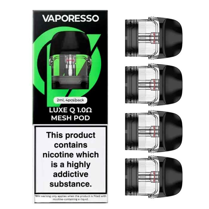 Vaporesso Luxe Q Replacement Pod 2mL (4-Pack) - 1.0ohm Mesh with packaging