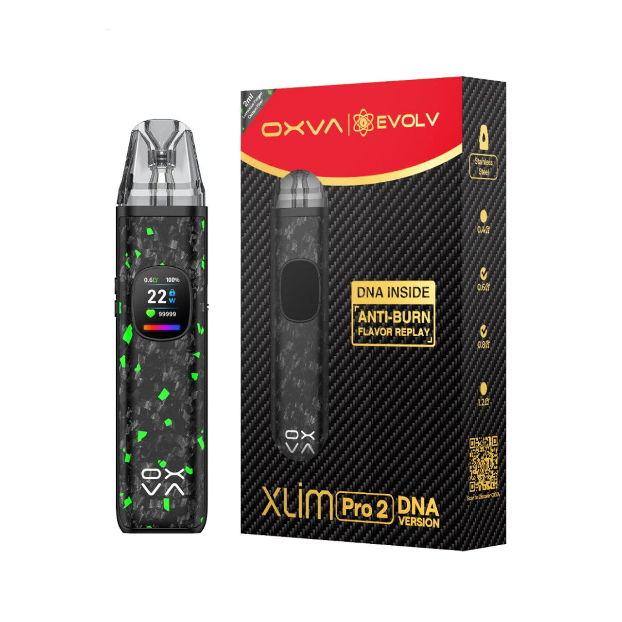 OXVA Xlim Pro 2 Pod System DNA Version: Luminous Forged Carbon Fiber  with packaging