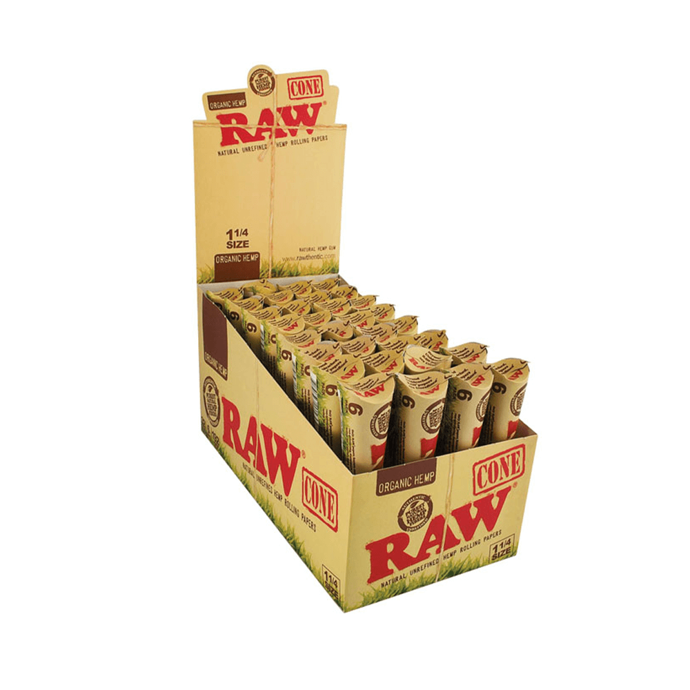 Raw Organic Hemp Cones 1 -1/4 in 6-Cone Pack - 32pc Display | Raw Organic Hemp Cones 1 ¼" 6-Pack with Packaging