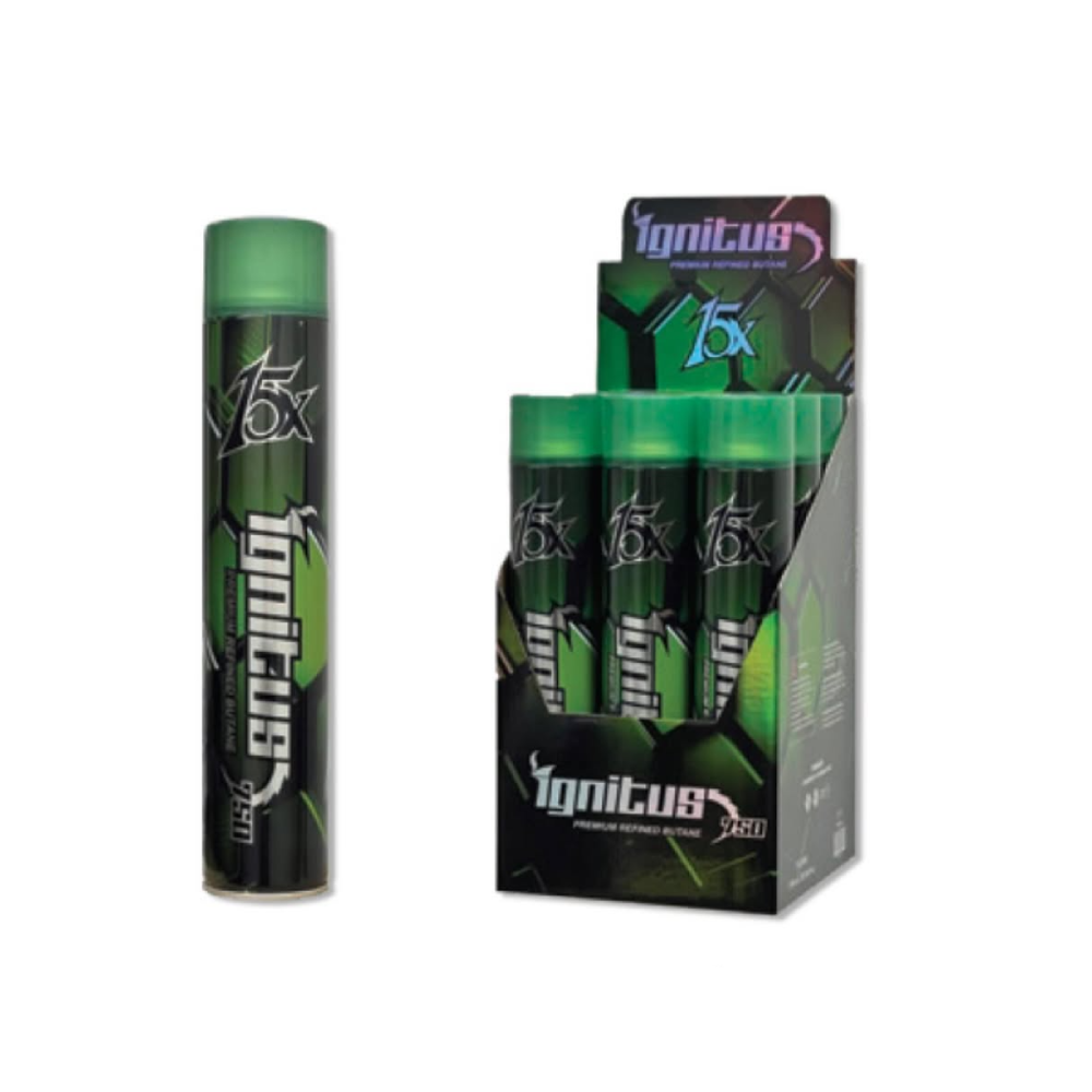 Ignitus Premium 15X Ultra Refined Butane 25.36oz 750mL (SAS) (9pc Display) - Green Canister with packaging