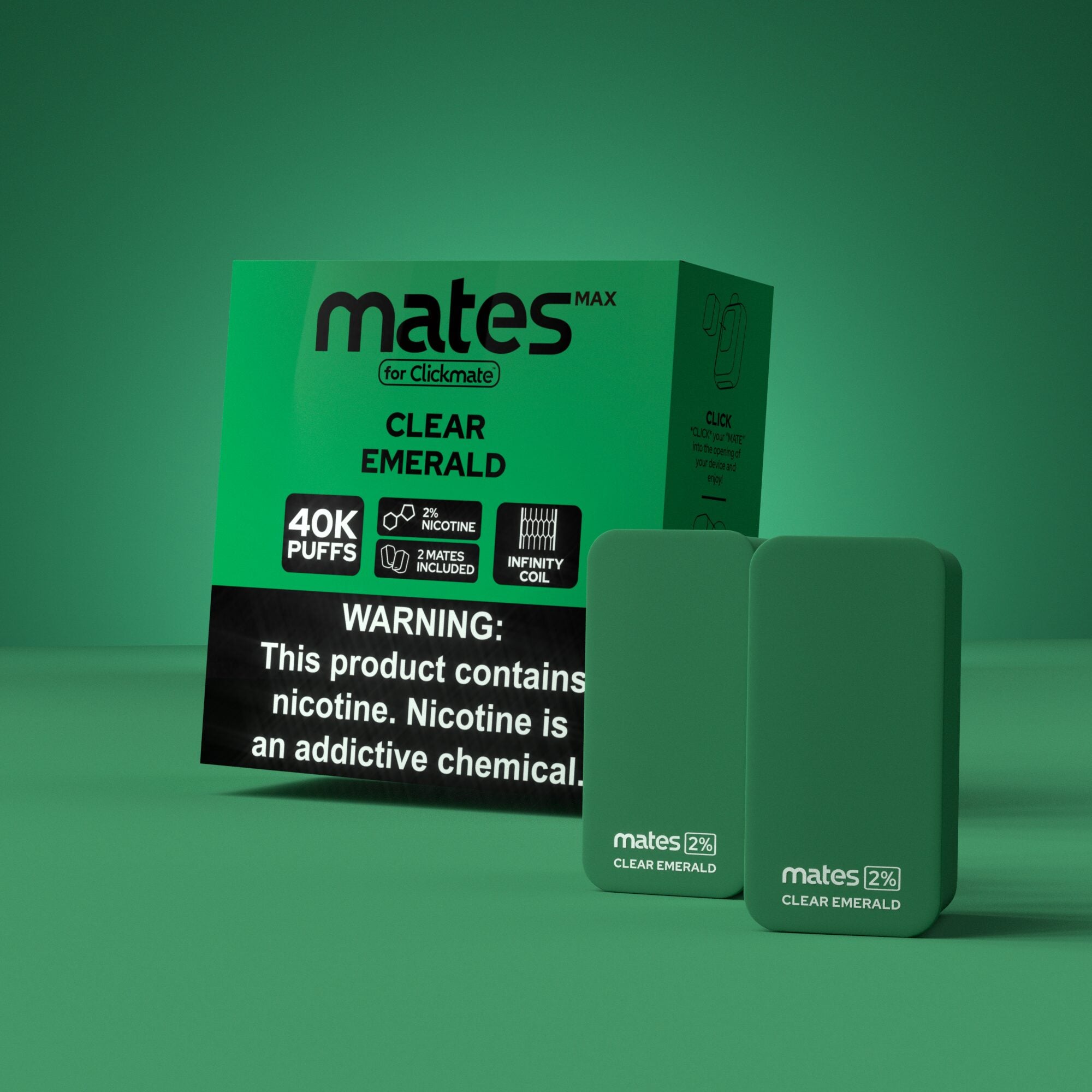 7Daze Clickmates 2% Prefilled Mates MAX (2-Pack) Clear Emerald with packaging
