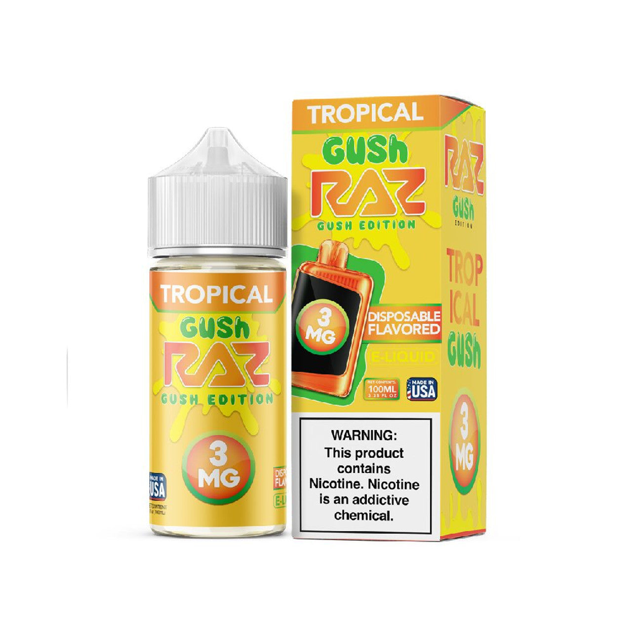 Tropical Gush Pod Juice x RAZ 100mL Bottle with packaging