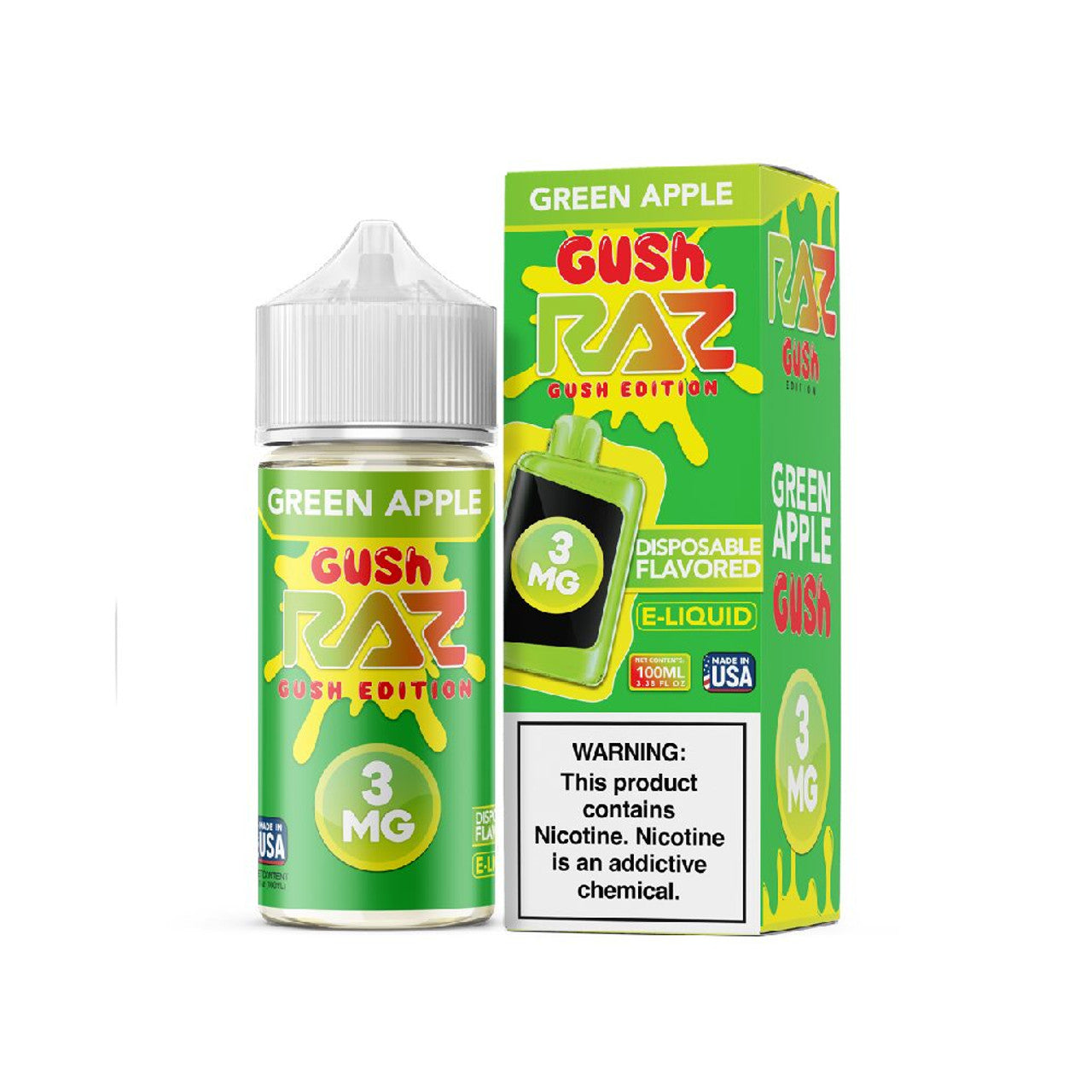 Green Apple Gush Pod Juice x RAZ 100mL Bottle with packaging