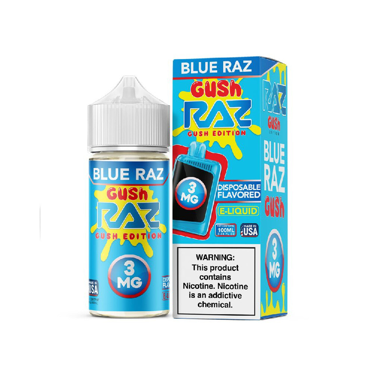 Blue Razz Gush Pod Juice x RAZ 100mL Bottle with packaging