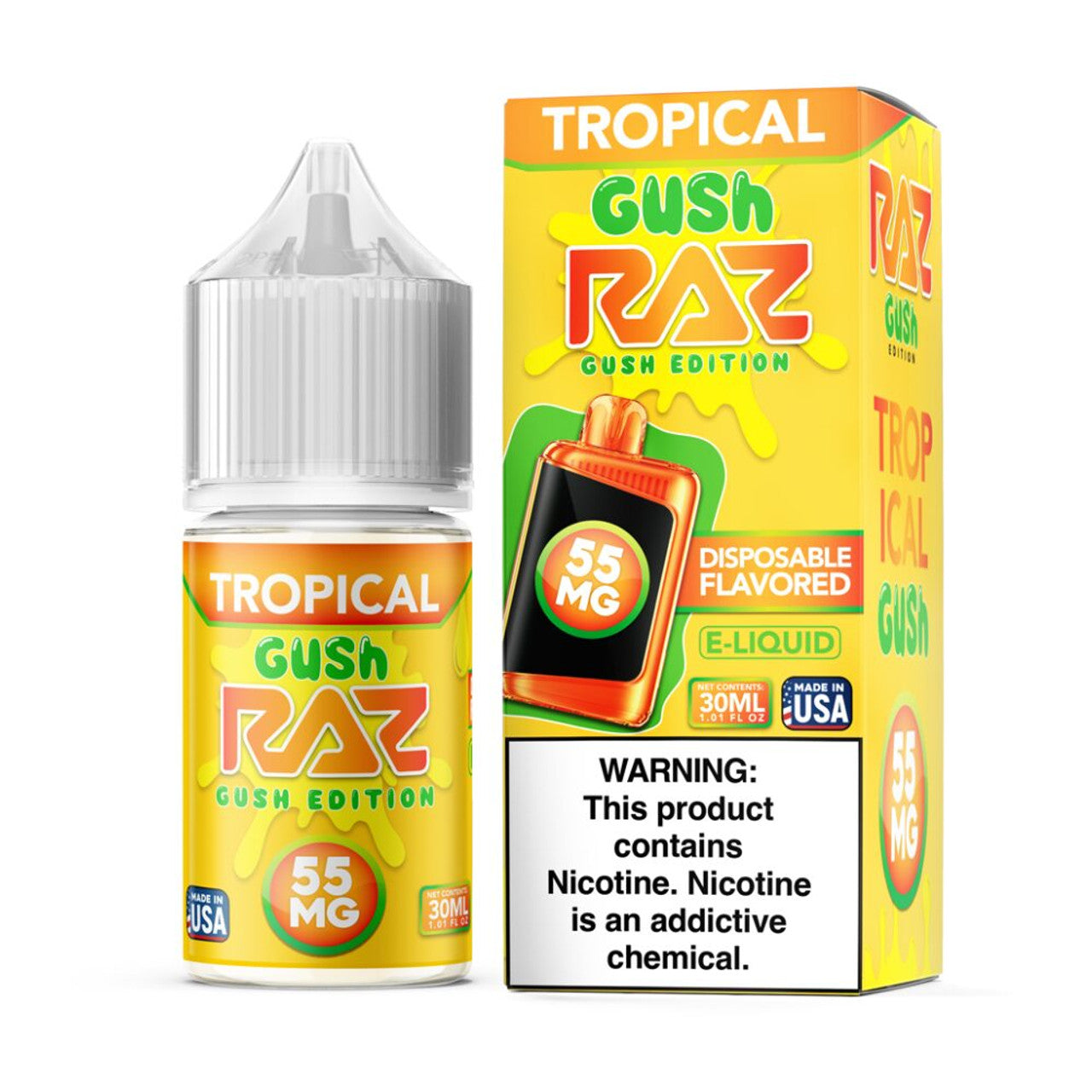 Tropical Gush Pod Juice x RAZ Salts 30mL Bottle with packaging