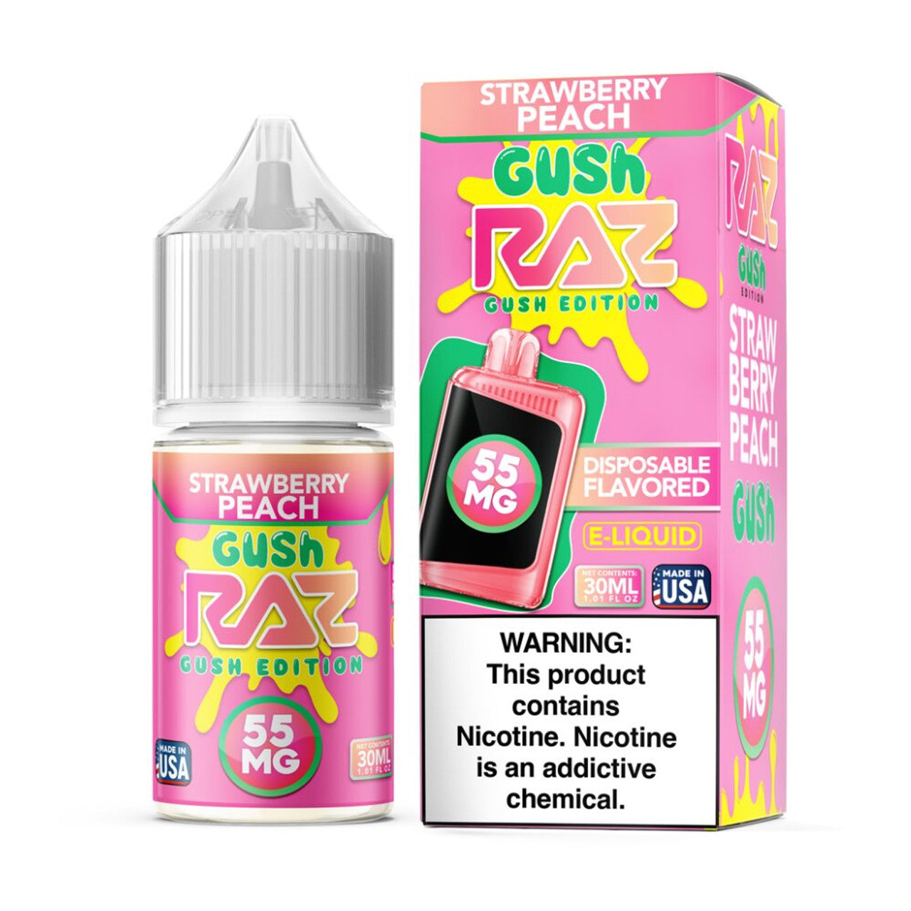 Strawberry Peach Gush Pod Juice x RAZ Salts 30mL Bottle with packaging