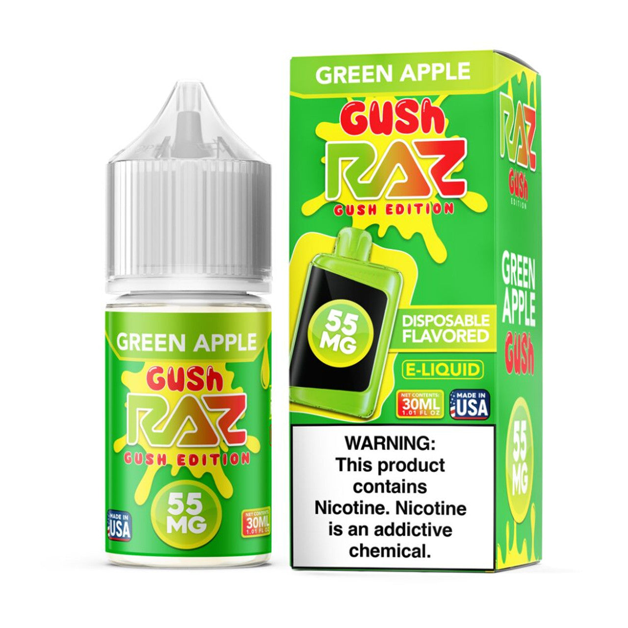 Green Apple Gush Pod Juice x RAZ Salts 30mL Bottle with packaging