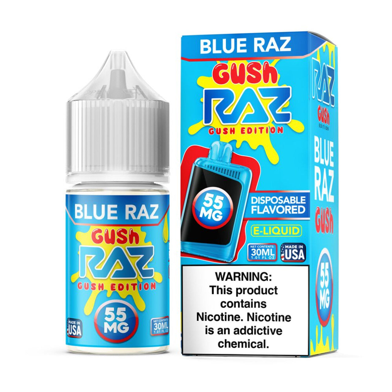 Blue Razz Gush Pod Juice x RAZ Salts 30mL Bottle with packaging