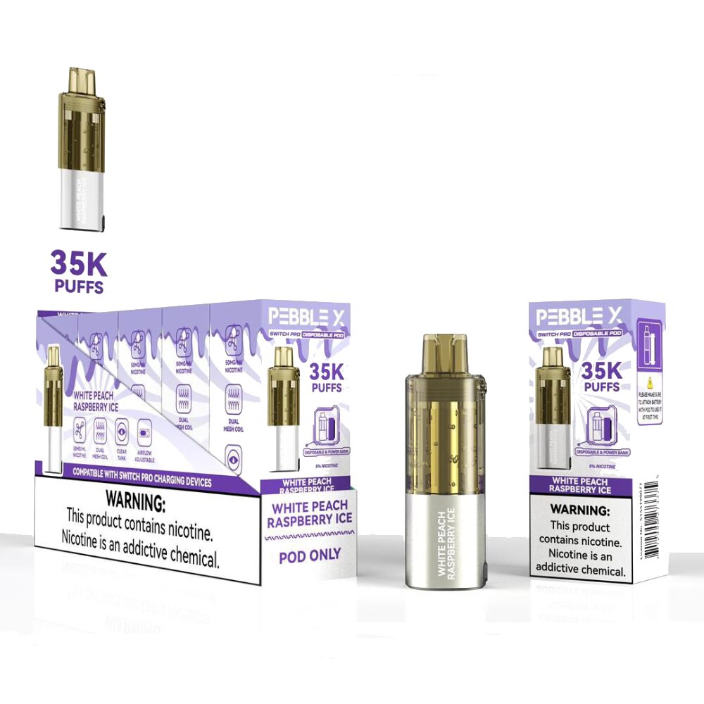 Pebble X 35K Disposable POD White Peach Raspberry Ice with packaging