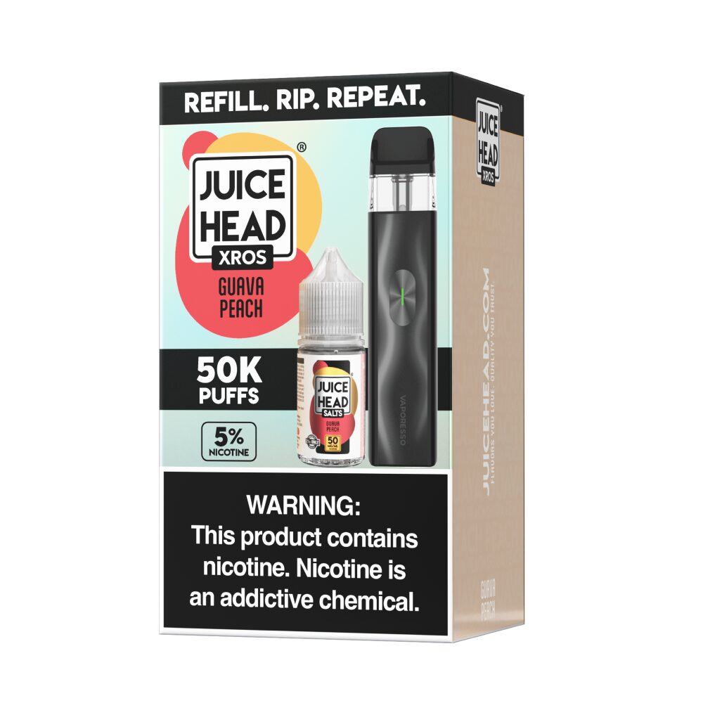 Vaporesso XROS 4 Mini Pod Kit + Juice Head 30mL (Collab Bundle) Guava Peach packaging