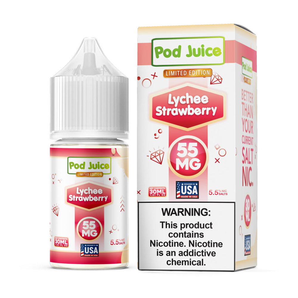 Lychee Strawberry Pod Juice TFN Salts 30mL with packaging