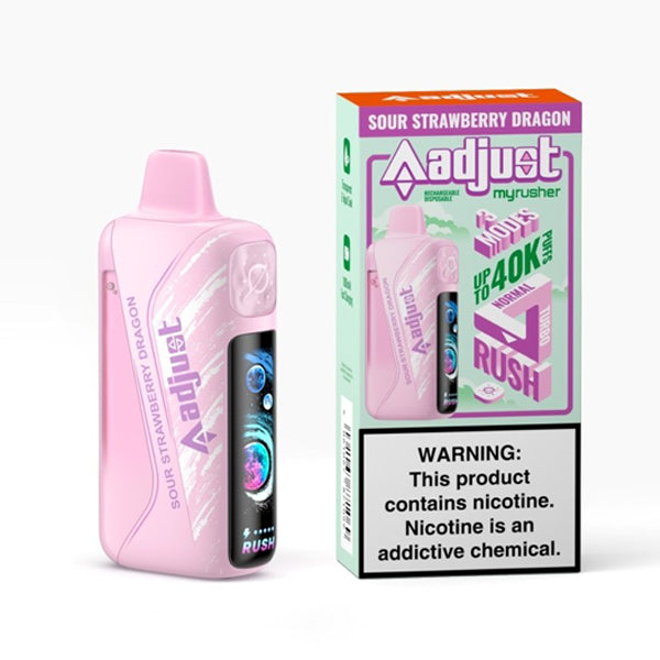 Adjust MyRusher 40K Puff Disposable sour strawberry dragon with packaging