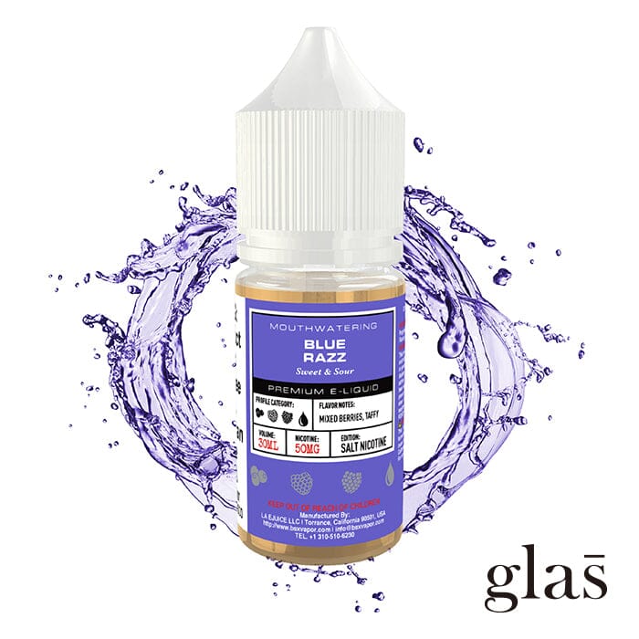 Blue Razz by Glas BSX Salts TFN 30ml bottle with background