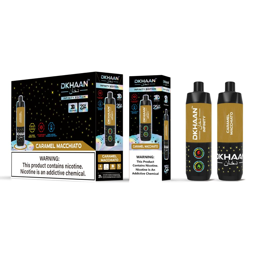 Dkhaan Infinity 25K Disposable Caramel Macchiato with packaging