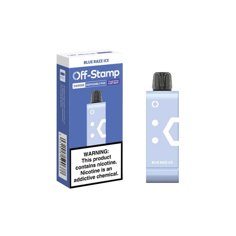 Off Stamp Pod Disposable Blue Razz Ice with packaging
