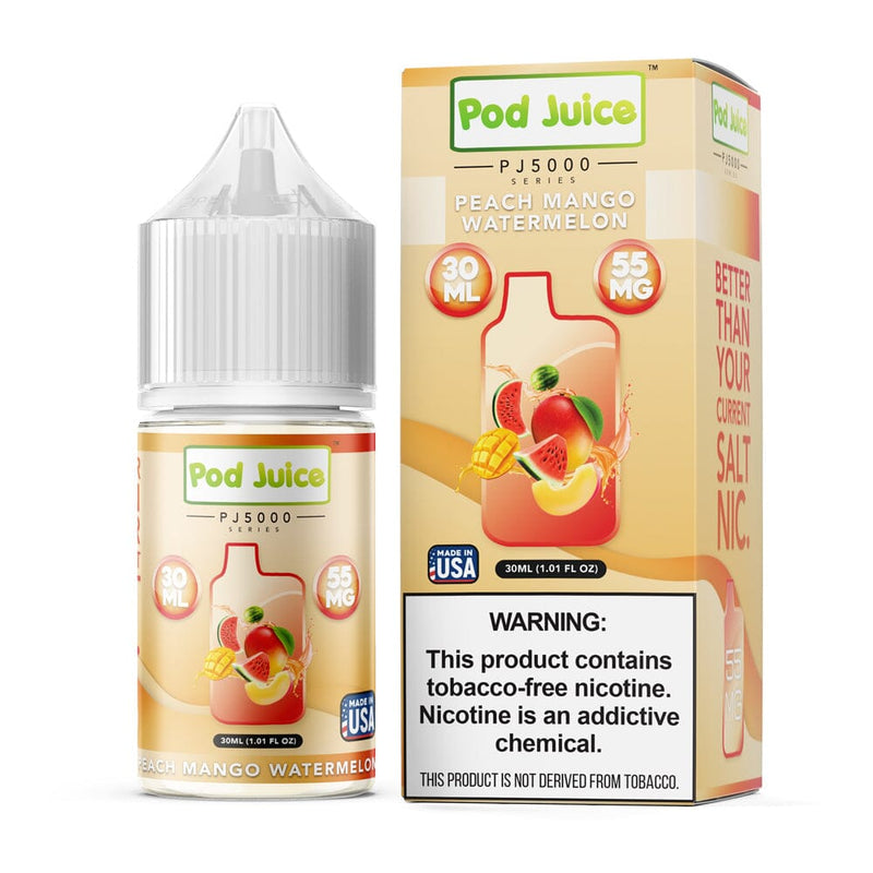 Peach Mango Watermelon by Pod Juice TFN PJ5000 Salt Series E-Liquid 30mL with packaging
