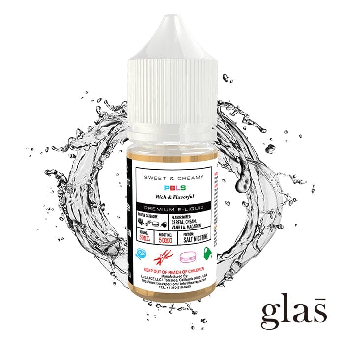 Pebbles PBLS By GLAS BSX Salt E-Liquid bottle with background